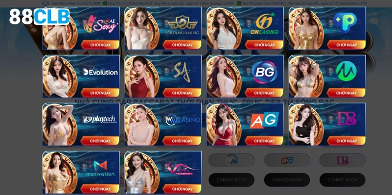 Giao diện sảnh game Casino 88CLB bắt mắt và nhiều màu sắc